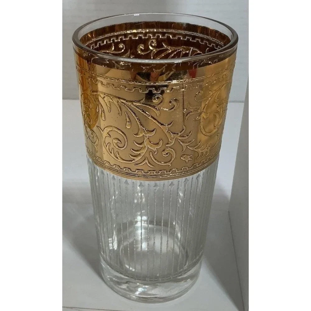 Vintage Gold Encrusted Floral Scroll‎ Highball Glasses Optic Ribbed Set of 4